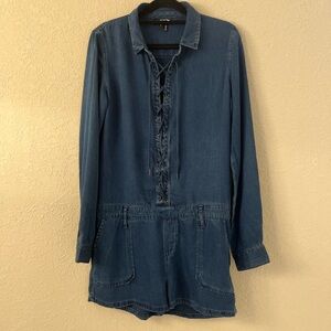 Paige Womens Tie Front Collared Long Sleeve Denim Romper Blue Size Small Pockets